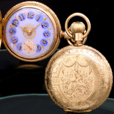 14K Gold Hunter Case Waltham Pocket Watch with Exceptional Blue Enamel Dial